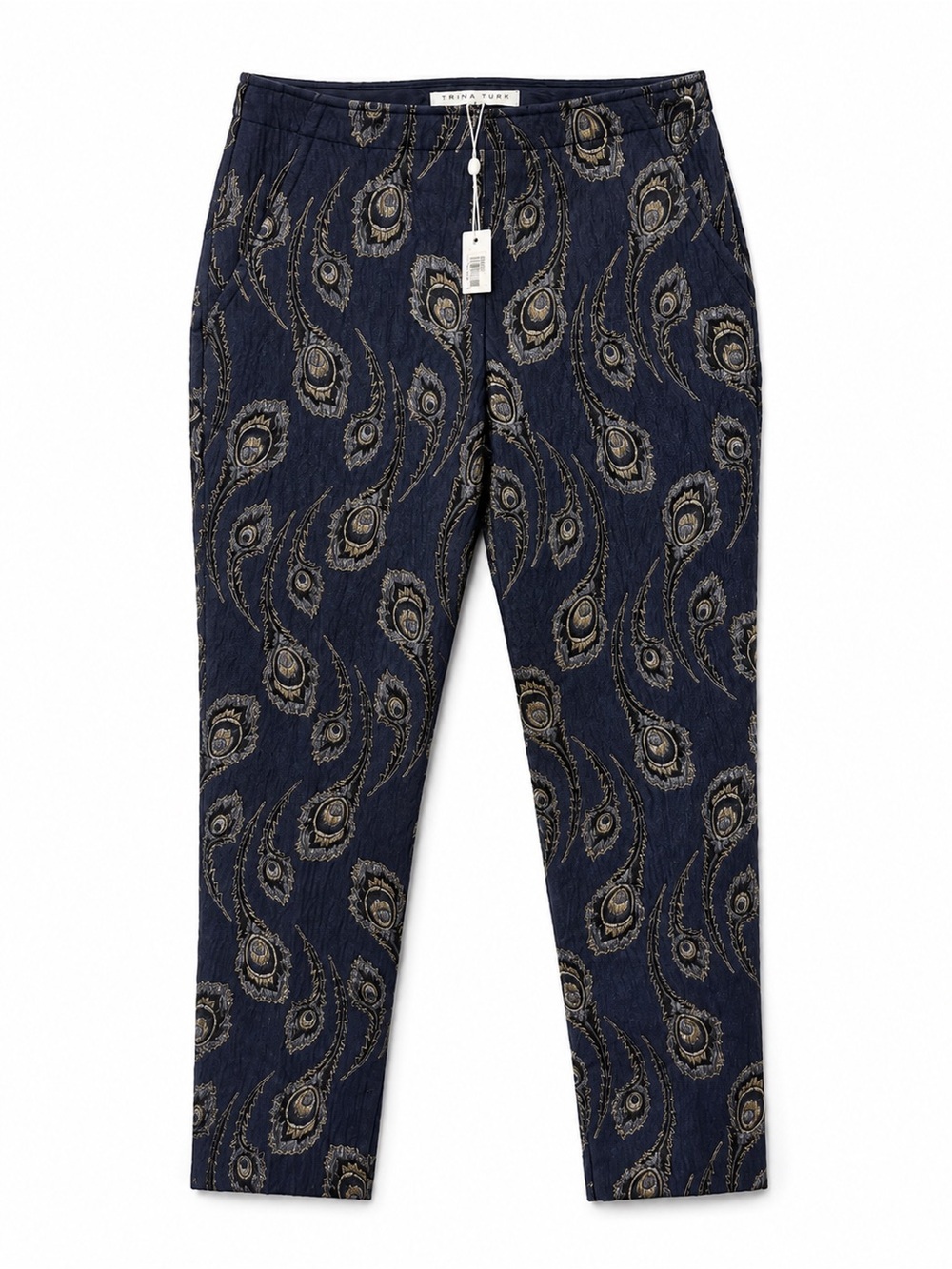 Trina Turk Lulu Pant Navy with Metallic Gold Peacock Jacquard NWT Size 4